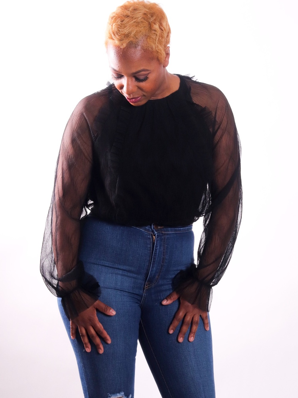 Sheer Black Long-Sleeve Ruffle Blouse